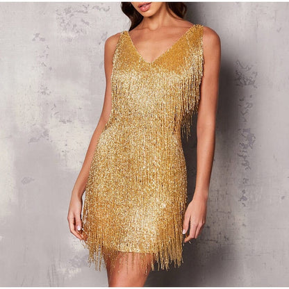 jinran 2023 New Sexy Tassel Sequins Feather Mini Dress Women Spaghetti Strap Stitching Dresses Female Elegant Evening Party Club Dress