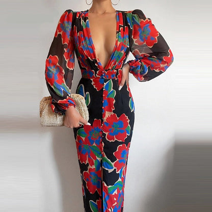 jinran Women Sexy Button V-Neck Slit Party Dress Lady Elegant Print Slim Maxi Dress Spring Summer Casual Long Sleeve High Waist Vestido