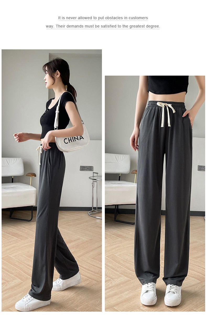 jinran Girls' New Summer Slim Ice Silk Quick Drying Wide Leg Pants Women'S Fashion Trend Versatile Anti Mosquito Straight Trousers