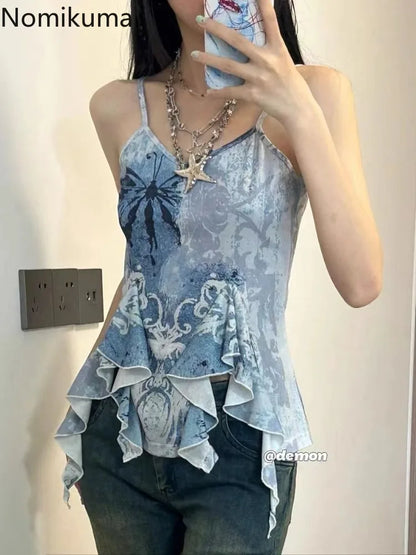 jinran Sexy Crop Tops Women's Clothing Fashion Summer Vest Floral Ruffles Tunic Backless Camis Korean Irregular Y2k Tanks Ropa Mujer