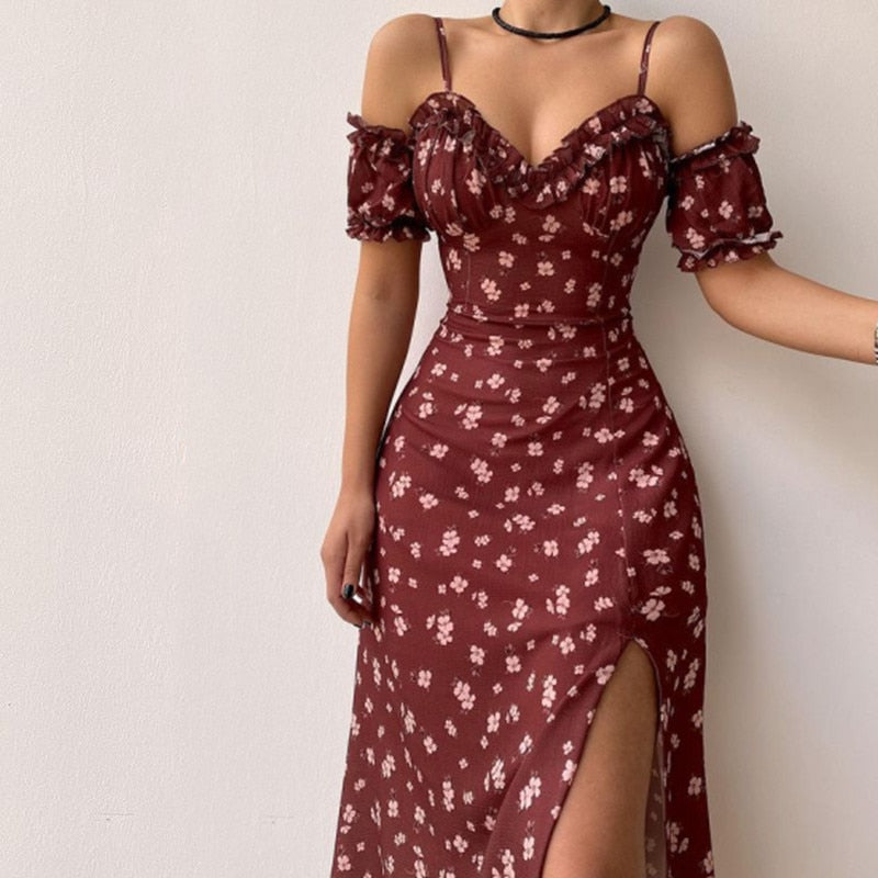 jinran Bohemian Floral Maxi Dress Women Maxi Dress Women Summer Off Shoulder Short Sleeve Corset Split Dress Elegant Beach Sexy Dresses