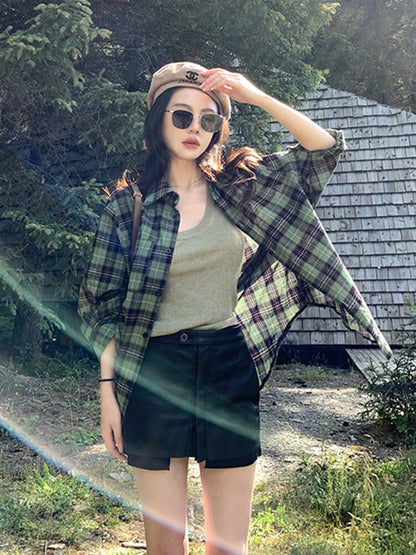 jinran Green Plaid Shirts Women Blouse Spring Summer 2023 Vintage Loose Button Up Shirt Coat Casual Long Sleeve Tops Y2k Clothes