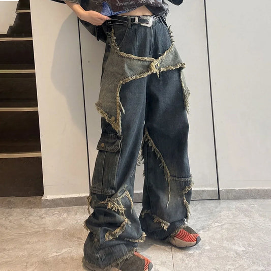 jinran Y2K Cargo Jeans Pants Women Street Loose Oversize Panelled Pentacle Raw Hem Pant 2024 Vintage Blue Hip Hop Female Denim Trousers