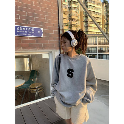 jinran Korean New Grey Crew Baggy Sweatshirt Women Spring Autumn Fashion Letter Printing High Street Vintage Long Sleeves Pullover TOP