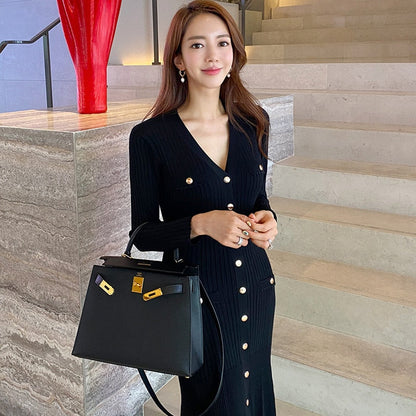 jinran Vintage Korean Maxi Dresses for Women Party Long Sleeve V-neck Mermaid Dress Elegant Fashion Ladies Vestidos Femme Autumn 2022