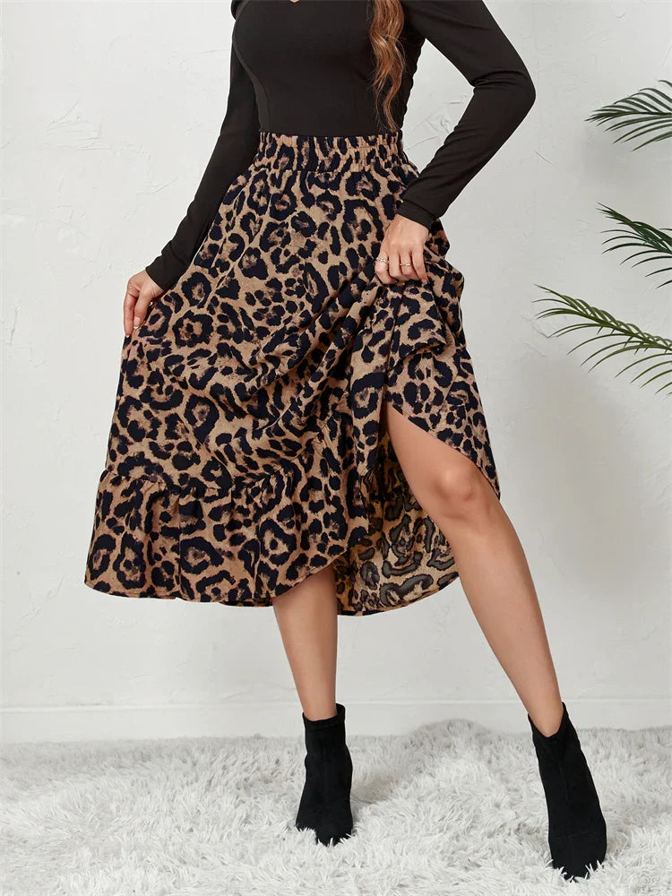 jinran  High Waist Leopard Midi Skirt For Women Casual Boho Printed Long Tulle Skirt Ladies 2024 Autumn New Chiffon A-line Skirt