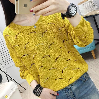 jinran Korean Hollow Out Solid Thin Loose Women's Clothing V-Neck Spring Summer Pullovers Slight Strech Multiple Colour Sweaters Trend