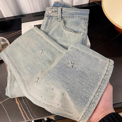 jinran Heavy-Duty Star Rhinestone Shiny Light Blue Jeans Women's Summer High Waist Slim Stretch Flared Pants