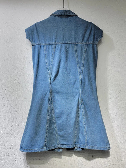 jinran Women Denim Dress Sleeveless Diamonds Gemstone Tassel Slim High Waist Single Breasted Dress 2024 Summer New Fashion 29L2129