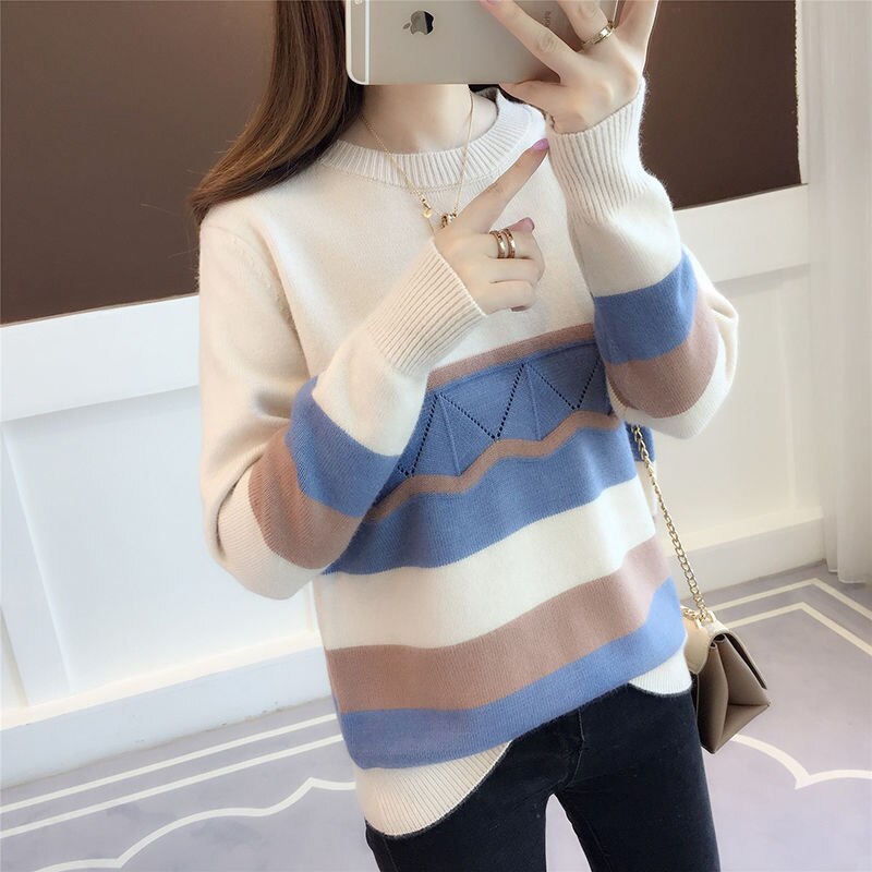 jinran 2022 New Striped Thick O-Neck Women's Clothing Loose Spliced Pullovers Medium Strech Casual Autumn Winter Sweaters Korean Trend