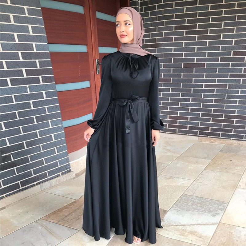 jinran Summer Elegant Solid Color Colorful Temperament Long Skirt Ladies Open Shouder Robe Satin Large Size Belt Muslim Woman Abaya