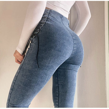 jinran New Spring autumn high quality harajuku high waist with Chain design  jeans woman leisure streetwear hip hop pants