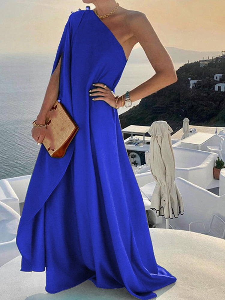 jinran New Summer Fashion One Shoulder Button Beach Long Dress Elegant Women Solid Loose Party Dress Sexy Diagonal Neck Boho Robe Dress