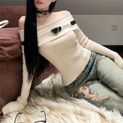jinran Women Off Shoulder Slash Neck Sweater Long Sleeve Knitwear Solid Pullovers Sexy Girl Street Short Tops Y2k 2024 Fall Winter