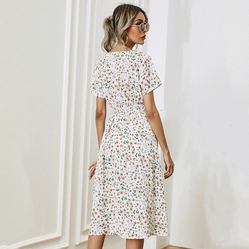 jinran Floral Print Shirred Waist Flared Hem Dress Summer Women Holiday Short Sleeve V-neck A-line Long Dress Robe Femme