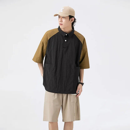 Couple Japanese Shirt Harajuku Oversized Short Sleeve Shirt for Men Women Hawaiian Contrast Stitching Polo Geometric Streetwear