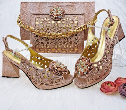 jinran Newest Gold Color Cutout High Heels Decorated with Rhinestone Flower Design Party Women's Shoes and Bags Set