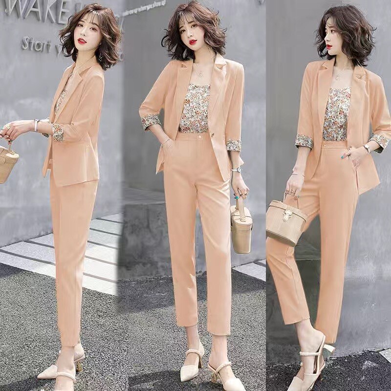 jinran 2022 Summer New Korean Fashion Elegant Women's Pants Suit Printed Vest Flannel Jacket Casual Trousers Three Piece Set Blazer