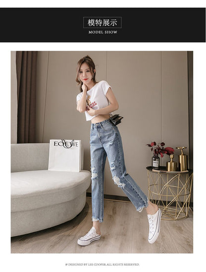 jinran 2022 New Lady Spring And Summer Light Blue Pierced Jeans Women'S Fashion Loose Dad Harlan Trousers High Waist Slim 9-Point Pants