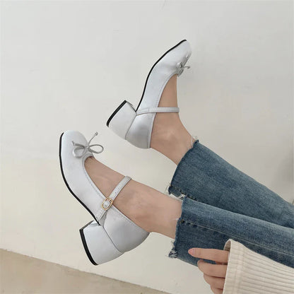 jinran New Thick Heel Shoe Elegant Bow Lolita Shoes College Girls High Heels Pumps Fashion Women Sandals Dancing Shoes Mary Janes Shoes