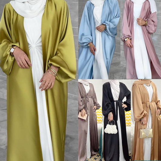 jinran Summer Elegant Solid Color Colorful Temperament Long Skirt Ladies Open Shouder Robe Satin Large Size Belt Muslim Woman Abaya