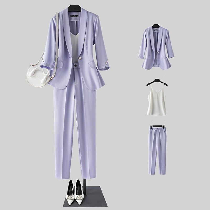 jinran Women's High-End Graceful Work Clothing 2022 Spring Summer Thin Office Lady Elegant Purple Suit Coats+Sling Vest+Pants Outfits