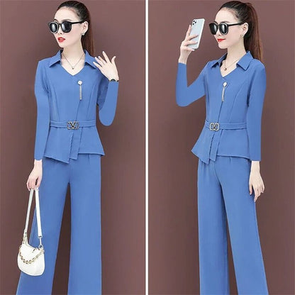 jinran Korean Style Summer Elegant Women's Pants Set Belt Decorative Asymmetric Chiffon Shirt Casual Pants Two-piece Set Tracksut