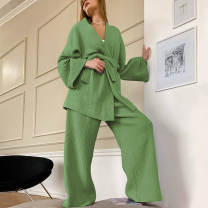 jinran Kimono Pajamas New 100% Cotton Crepe Long-Sleeved Trousers Ladies Sleepwear Suit Women's Home Service Mujer