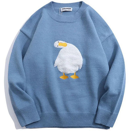 Harajuku Oversized Knitwear Sweater Men Cartoon Duck Goose Embroidery Jumpers Japanese Fashion O-Neck Streetwear Couple Unisex