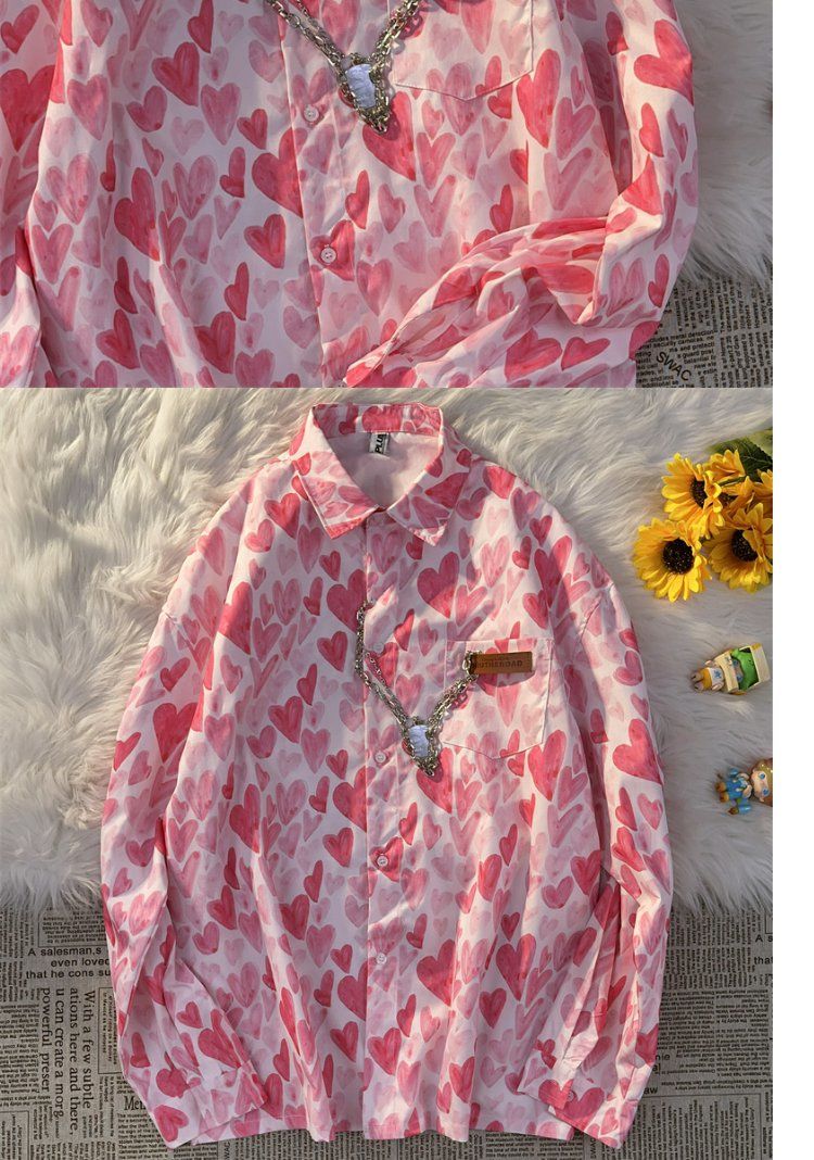 jinran Spring Summer Women Fashion Vintage Shirt Chemises Femme Korean Fashion Heart Print Blouses and Shirts Tunic