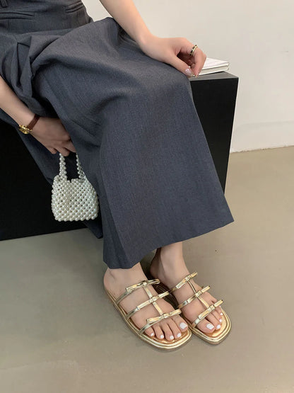 jinran Open Toe Women Slippers Silver Gold Beige Summer Dress Shoes Casual Ladies Party Pumps Shoes Woman Low Flat Heeled Size 35-39