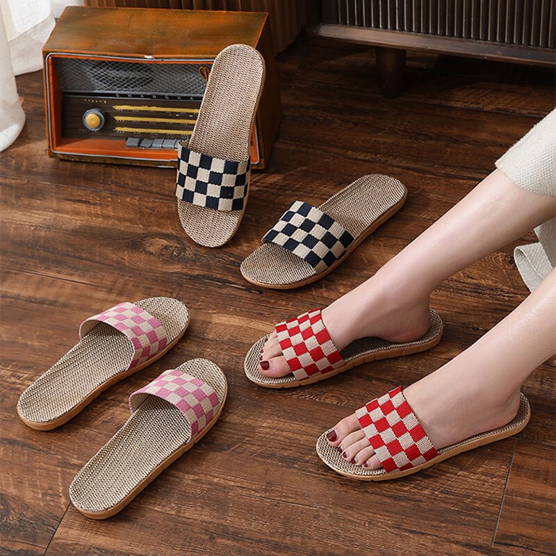 jinran New Checkerboard Linen Slippers Women 2022 Summer Indoor Home Shoes Household Non-slip Couple Four Seasons Men's Sandals Y