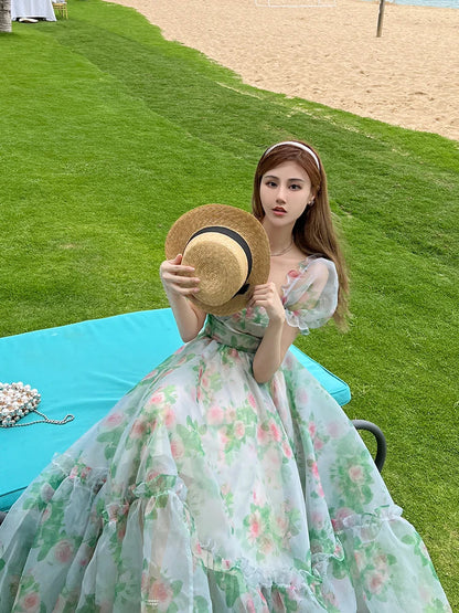 jinran Vintage Floral Evening Midi Maxi Dresses for Women Elegant Casual Party Prom Green Holiday Princess Fairy Long Dress Summer 2024
