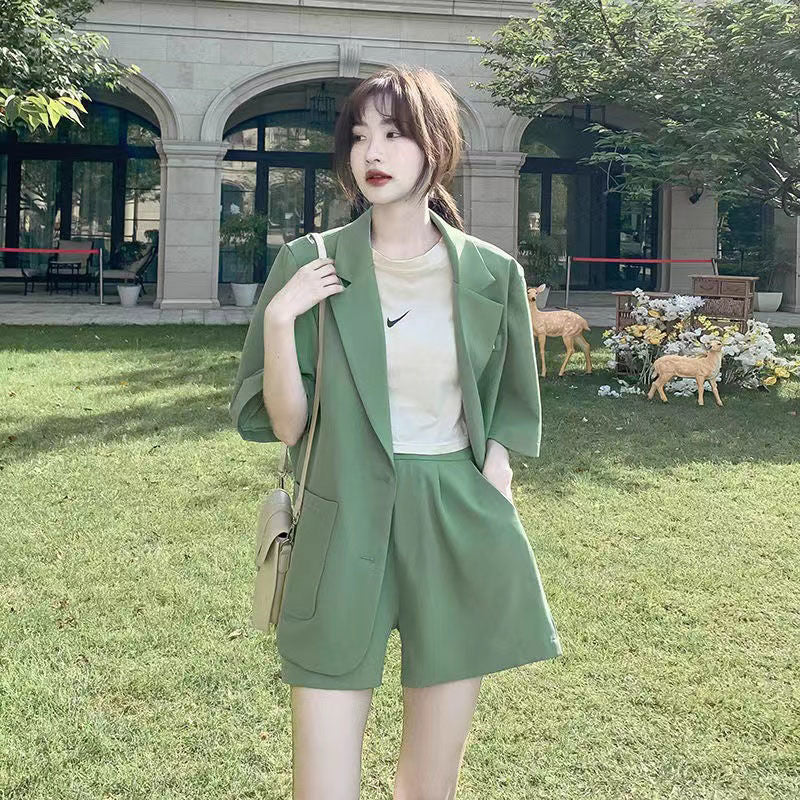 jinran Summer New Loose Casual Elegant Women's Shorts Suit Fruit Green Jacket Shorts Two Piece Set Female Tracksuit Office Leisure Suit