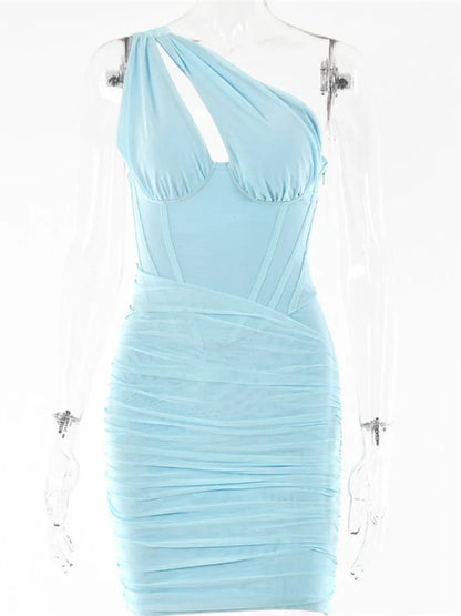 jinran Double Layer Mesh Bodycon Mini Dress Women Summer One Shoulder Backless Sexy dresses Sexy Party Ruched Dress Vestidos