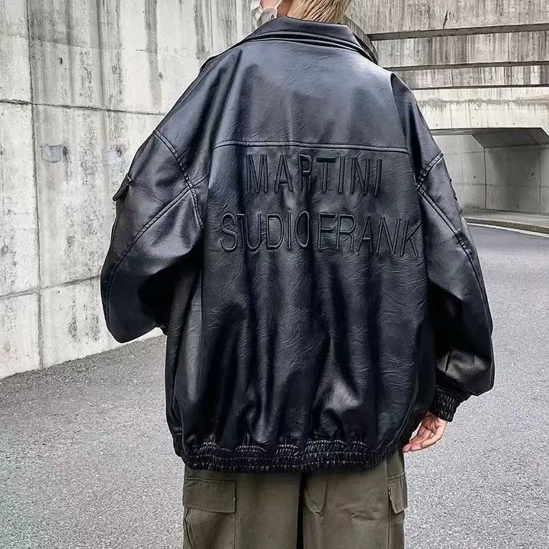 Autumn VIntage Men's Leather Jackets PU Biker Coat Oversized Faux Leather Bomber Jacket 90s Big Pockets Windbreaker Overcoat