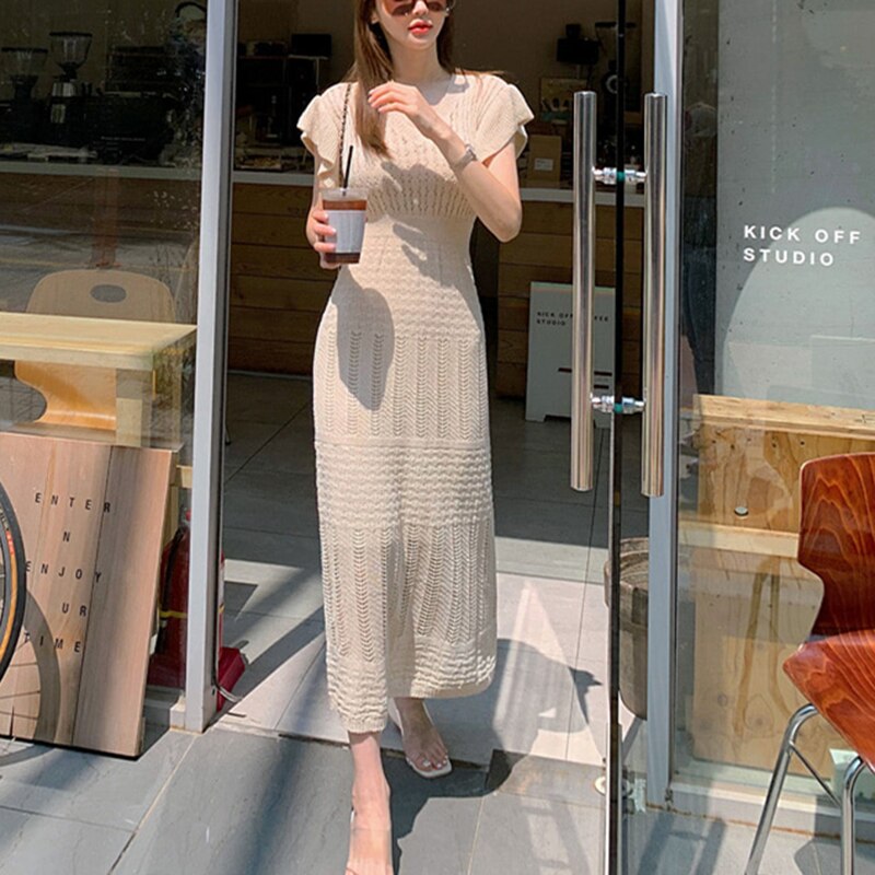 jinran 2022 Elegant Slim Knit Long Dress Women Summer Korean Simple Solid Sexy Hollow Out Deresses Female 2 Piece Set Derss