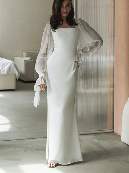 jinran White Ruffled Mesh Maxi Dress For Women High Waist Fashion Elegant Patchwork Slim Party Dress Female Lace-Up Long Dress