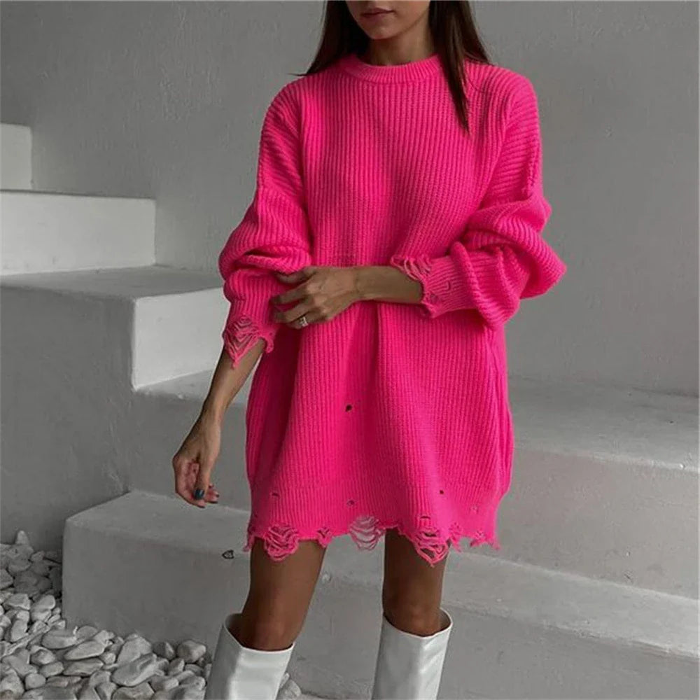 jinran Women Ripped Hole Knit Dress Autumn Winter Long Sleeve Mini Sweater Dresses Casual Loose Oversize Knitted Short Dresses