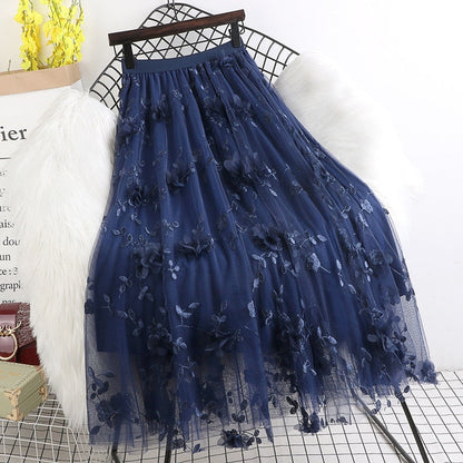 jinran 3D Floral Embroidered Mesh Skirts New Spring Summer Fresh Sweet High Waist Slim Long Fairy Skirts Jupe Faldas Largas