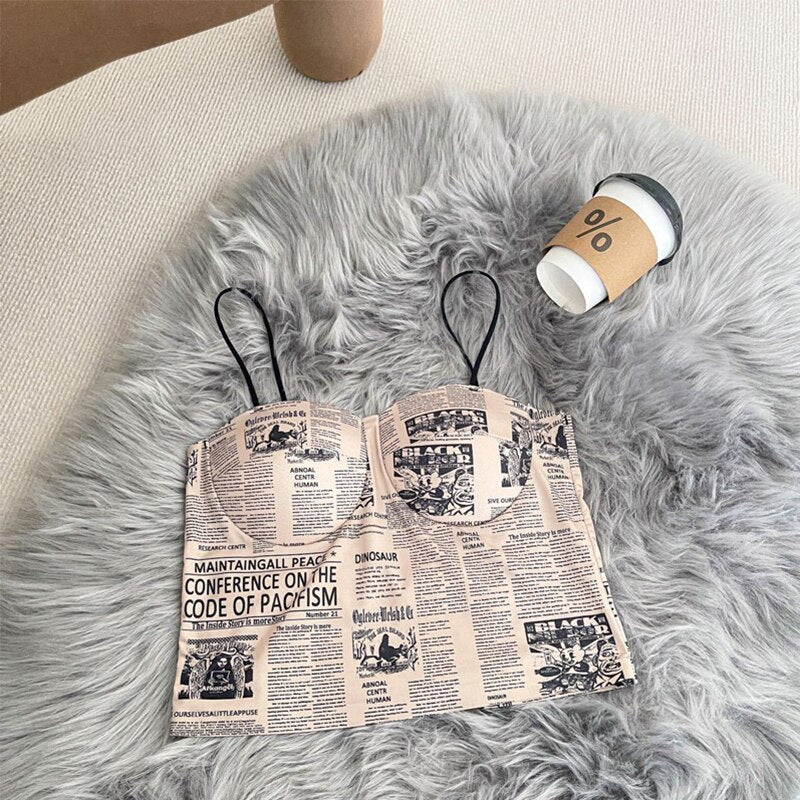 jinran Newspaper Printing Crop Top Women Ice Silk Soft Breathable Fixed Cup Tube Top Push Up Wireless Camisole 2022 New