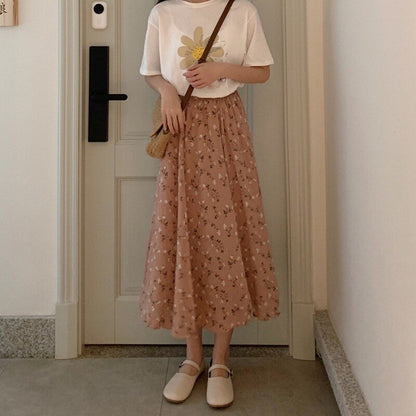 jinran Summer New Floral Print A Line Pleated Women Long Skirts 2022 Korean Fashion Elastic Waist Sweet Retro Midi Skirt Streetwear