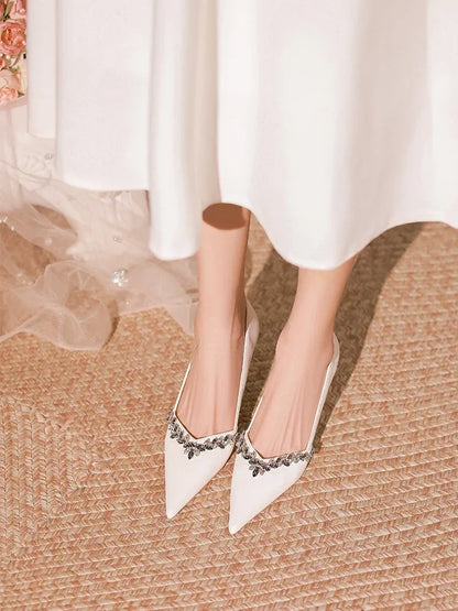 jinran New women's temperament rhinestone pointed high heels women's thin heels white wedding shoes 5019