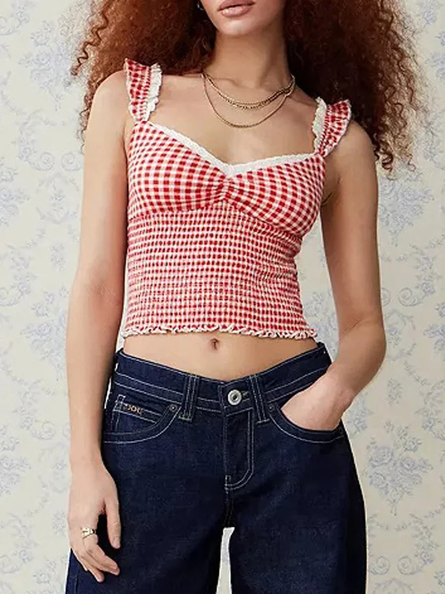 jinran Summer Women Gingham Tank Top Y2k Lace Trim Cami Top Sleeveless Plaid Camisole Coquette Shirts Cute Smocked Tops Streetwear