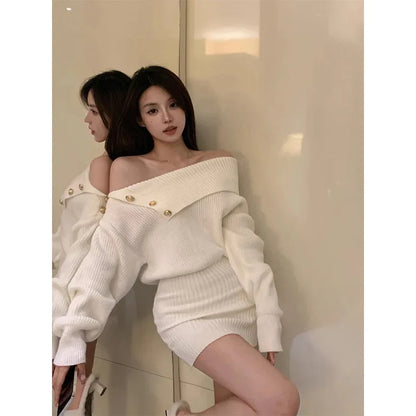 jinran White Knitted Mini Dress Women Fashion Sexy Black Slash Neck Wrap Sweater Dresses Winter Korean Elegant Bodycon A Line Vestidos
