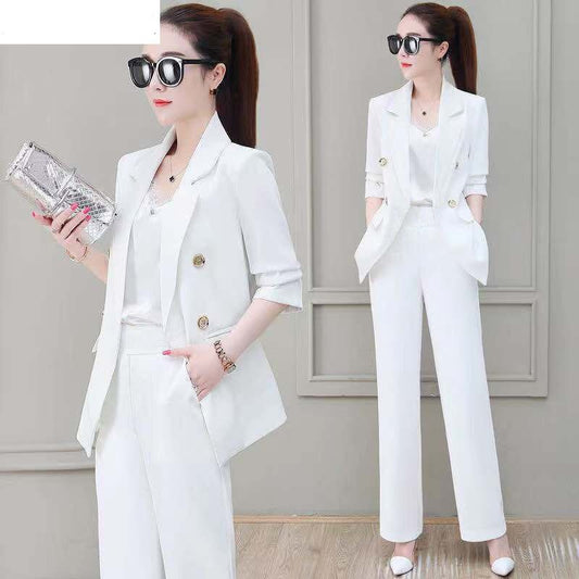 jinran Summer Korean Style Elegant Women's Pants Suit Fashion Slim Jacket Trousers Two-piece Set Office Blazer Temperament Tracksuit