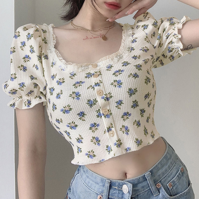 jinran Elegant French Style Summer Women Puff Sleeve Floral T shirts Casual Lace Patchwork Slim Cropped Tops Streetwear Harajuku Tee