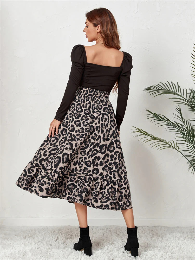 jinran  High Waist Leopard Midi Skirt For Women Casual Boho Printed Long Tulle Skirt Ladies 2024 Autumn New Chiffon A-line Skirt