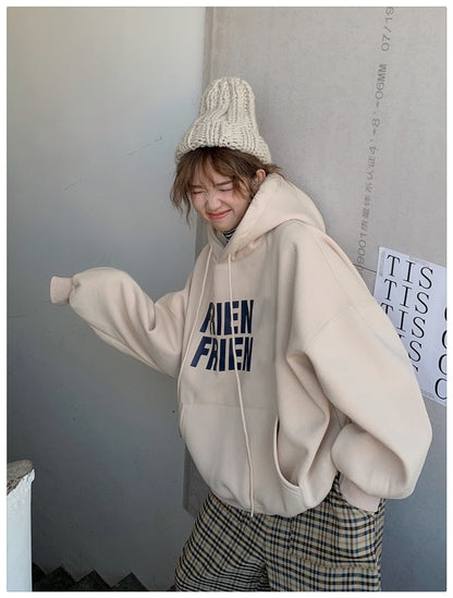 jinran Korean Fashion New Grey Loose Fleece Pullover Vintage Pocket Letter Printing Sweatshirt Lazy Casual Raglan Sleeves Hoodie Autumn