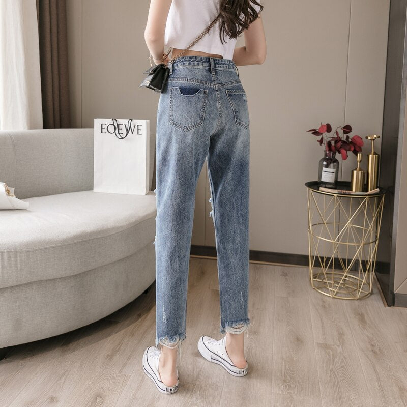 jinran 2022 New Lady Spring And Summer Light Blue Pierced Jeans Women'S Fashion Loose Dad Harlan Trousers High Waist Slim 9-Point Pants